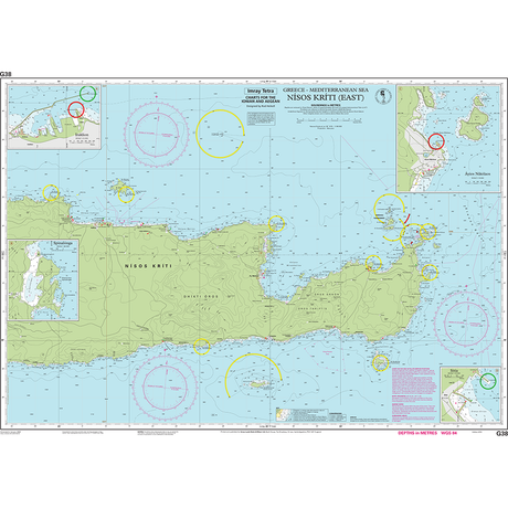 The Imray Chart G38 | Nísos Kríti (East) by Imray is an ideal choice for the cruising sailor, showcasing a nautical chart of the eastern part of Crete in the Mediterranean Sea. This detailed chart features coastal outlines, depth markings, islands, navigational aids, and inset maps. Key navigational circles and symbols are highlighted in vibrant colors for enhanced clarity.