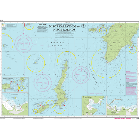 The Imray Chart G39 titled "Nísos Kárpathos to Nísos Ródhos," perfect for cruising sailors, provides detailed coastline and sea route information around Kárpathos and Ródhos. It’s printed on water-resistant Pretex paper by the brand Imray and includes insets of specific port areas along with navigational markers.