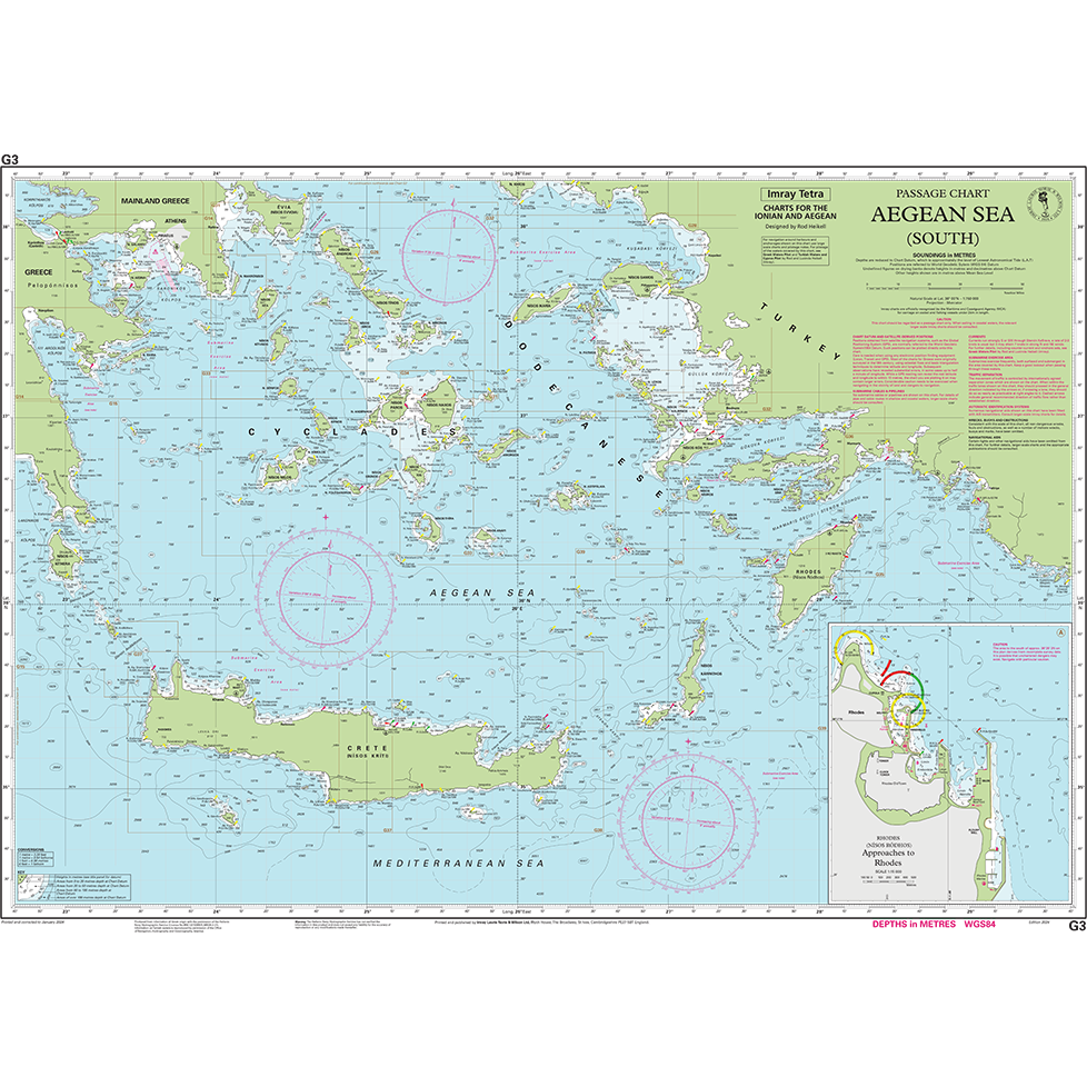Imray Chart G3: Aegean Sea (South) by Imray details Greek and Turkish waters, showing islands, coasts, navigation routes, depths, compass roses, an inset near Cyprus, and is part of the Imray-Tetra G Series Rhodes nautical charts.
