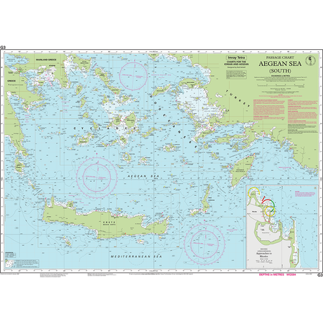 Imray Chart G3: Aegean Sea (South) by Imray details Greek and Turkish waters, showing islands, coasts, navigation routes, depths, compass roses, an inset near Cyprus, and is part of the Imray-Tetra G Series Rhodes nautical charts.