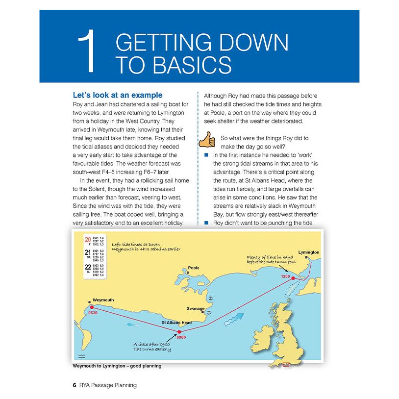 A page from the RYA Passage Planning book by the Royal Yachting Association. The title reads "1 Getting Down to Basics" and features text discussing a sailing example, accompanied by a nautical map illustrating a route from Weymouth to Lymington with various waypoints and nautical details.