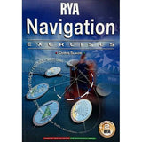 A book titled "RYA Navigation Exercises" by the Royal Yachting Association. The cover features nautical charts, navigation instruments, and a compass rose, structured to complement the Yachtmaster syllabus. The background is a marine-themed design with blue tones and a partially visible world map.