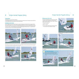 The "RYA Dinghy Techniques" by the Royal Yachting Association, curated by Jeremy Evans, features solo sailors in dinghies mastering advanced techniques and skills like heading onto a beat and bearing away onto a run while navigating open waters.