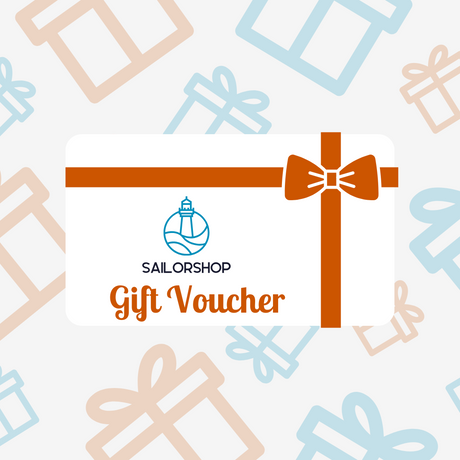 The SailorShop Gift Voucher by SailorShop is beautifully designed with a lighthouse logo and a red bow, perfectly encapsulating nautical charm. The background is tastefully decorated with light brown and blue gift box icons, adding a delightful maritime touch.