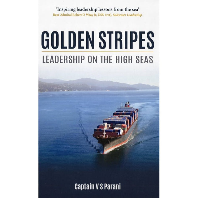 Book cover of Golden Stripes by Porto Professional, showing a container ship on blue water with mountains and clouds—a striking representation of maritime leadership.