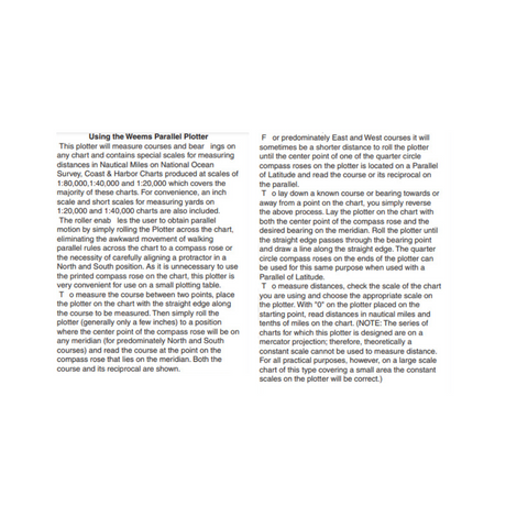 The image illustrates text instructions for the Weems & Plath Parallel Plotter, outlining its use on nautical charts to plot courses and navigate. It includes guidance on utilizing scales, plotting bearings, and adjusting for compass roses. Additionally, it comes with a Lifetime Warranty from Weems & Plath, ensuring lasting precision.