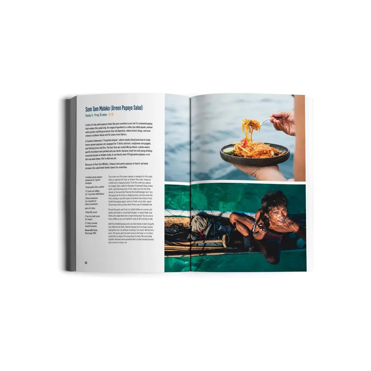 An open issue of *The Hunter & The Gatherer* from Exploring Eden Media showcases a sustainable recipe for Som Tam Makoho, featuring two photos: one with a hand presenting the dish and another of an ocean-loving foodie fiercely paddling a canoe.