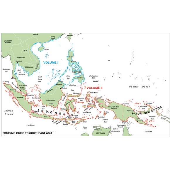 The "Southeast Asia Cruising Guide - Volume II" by Imray is a detailed map highlighting parts of Southeast Asia, such as Indonesia, Malaysia, the Philippines, and Papua New Guinea. This guide marks popular anchorages for round-the-world sailors and various navigational routes specific to the southeastern regions.