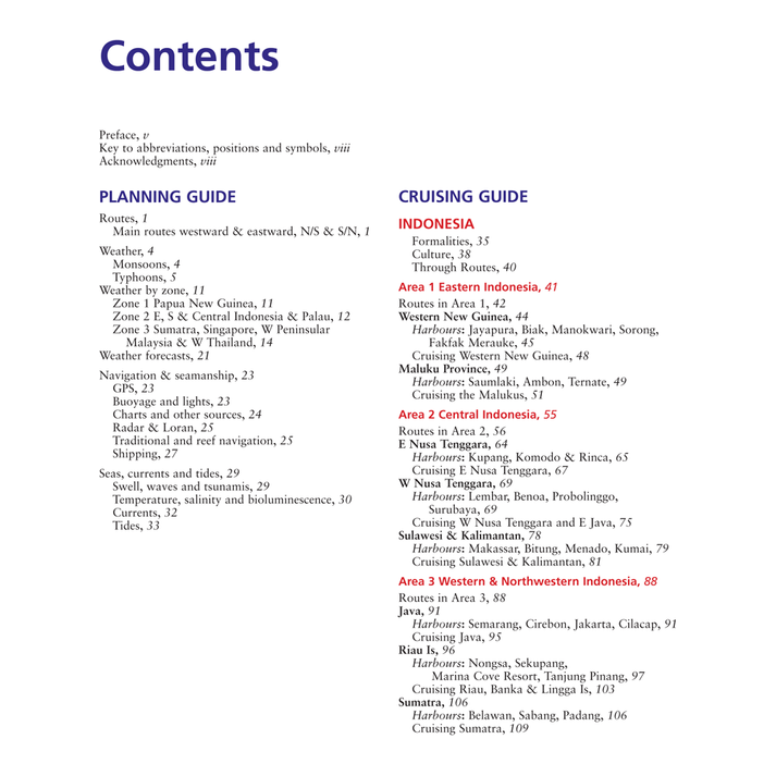 An image depicting the contents page of the Imray Southeast Asia Cruising Guide - Volume II includes sections such as Planning Guide and Cruising Guide, covering detailed topics like Weather, Charts, Navigation, GPS, Routes, Sailing, popular anchorages in Indonesian areas, Formalities, and specific islands' and regions' Cruising Regions.