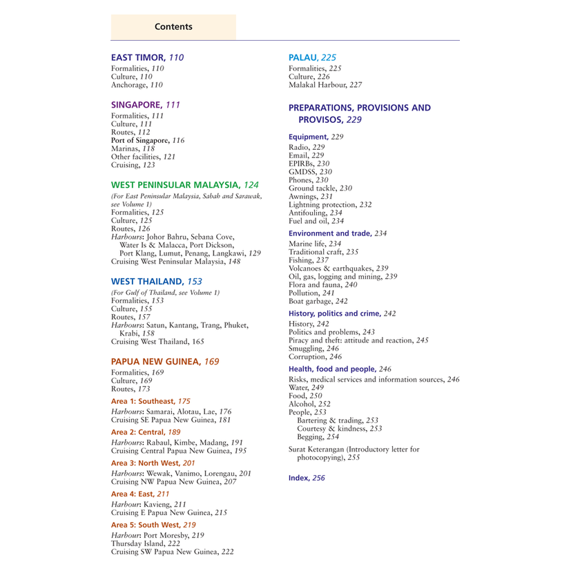 Table of contents page listing locations and their respective page numbers for the Southeast Asia Cruising Guide - Volume II by Imray. Locations include East Timor, Singapore, West Peninsular Malaysia, West Thailand, Papua New Guinea, and Palau. Sections cover topics like formalities, popular anchorages, population, history, culture, and economy.