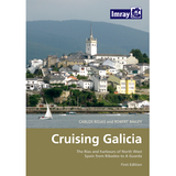 The Imray "Cruising Galicia" book cover shows a coastal town with white houses, a church steeple, green hills, and a sailboat on the rías—an ideal image for any Galicia cruising guide.