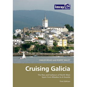 The Imray "Cruising Galicia" book cover shows a coastal town with white houses, a church steeple, green hills, and a sailboat on the rías—an ideal image for any Galicia cruising guide.