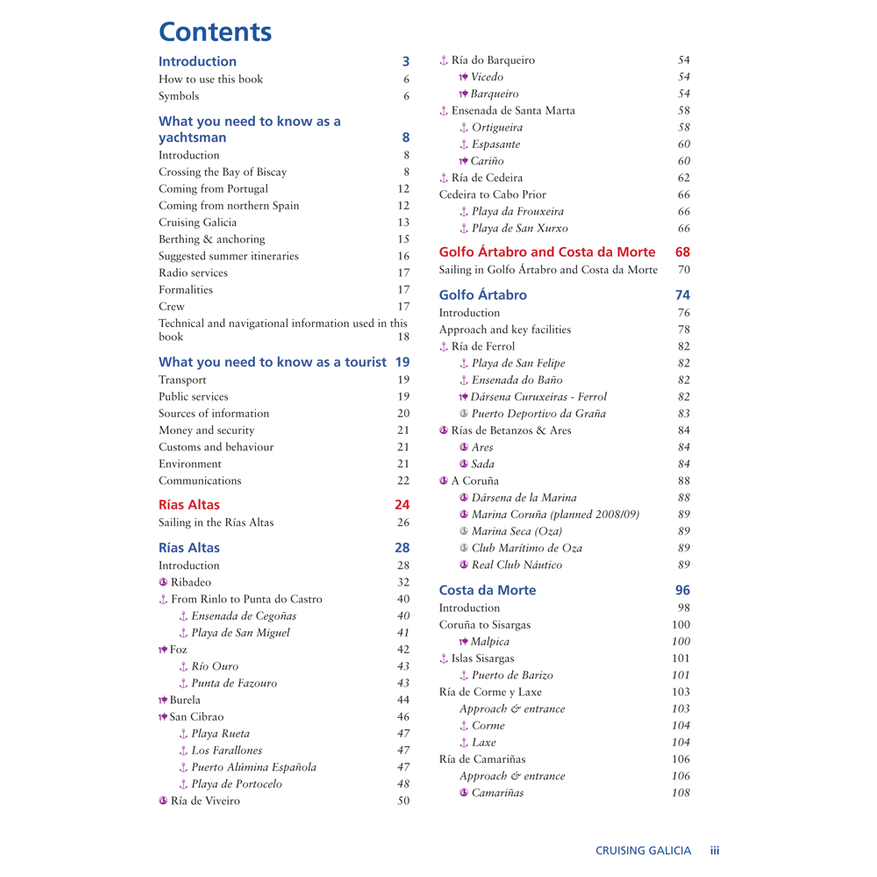 An image of the table of contents from the "Cruising Galicia" guide by Imray reveals sections such as "Introduction" and "What you need to know as a yachtsman," among others. This comprehensive guide provides valuable insights for both seasoned sailors and tourists, covering the picturesque rías atlas and Costa da Morte across pages 3 to 116.