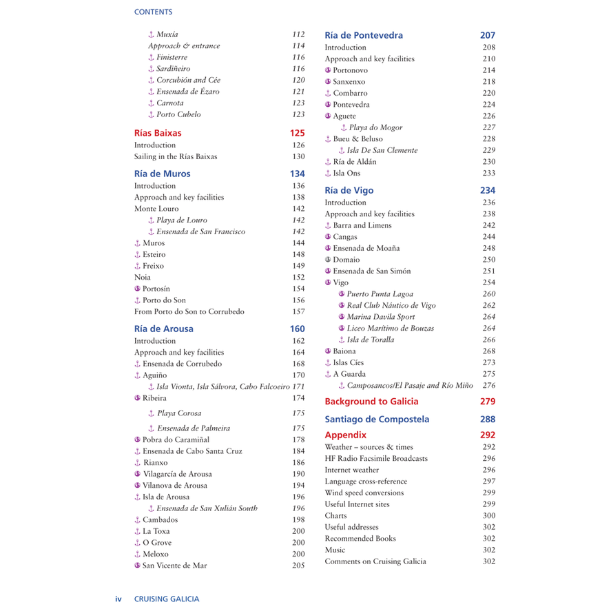 The image features the contents page of the book "Cruising Galicia" by Imray. It lists sections and page numbers, covering different regions: "Ria de Pontevedra," "Rias Baixas," "Ria de Muros," "Ria de Arosa," and includes a detailed introduction with sections like "Background to Galicia" and information on “Santiago de Compostela.” This cruising guide is ideal for seasoned sailors looking to explore the picturesque rías of Galicia.