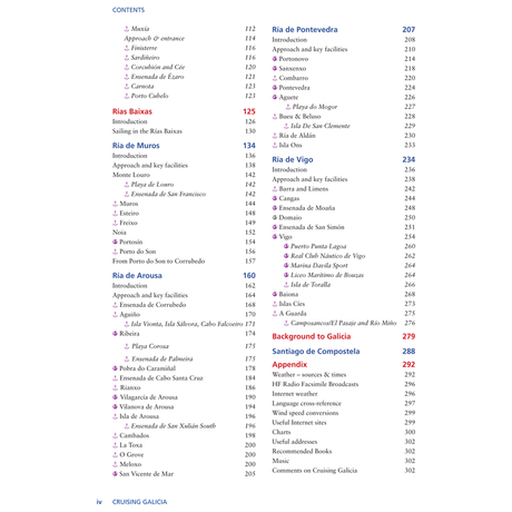 The image features the contents page of the book "Cruising Galicia" by Imray. It lists sections and page numbers, covering different regions: "Ria de Pontevedra," "Rias Baixas," "Ria de Muros," "Ria de Arosa," and includes a detailed introduction with sections like "Background to Galicia" and information on “Santiago de Compostela.” This cruising guide is ideal for seasoned sailors looking to explore the picturesque rías of Galicia.