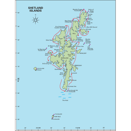 The Shetland Islands Pilot by Imray provides a comprehensive and detailed map of the Shetland Islands in Scotland, featuring the main islands such as Mainland, Yell, Unst, and Fetlar. It highlights beautiful anchorages and cruising grounds along with key geographic landmarks, settlements, and select ferry routes. The map is equipped with a compass rose to indicate north and includes latitude and longitude lines for precise navigation.