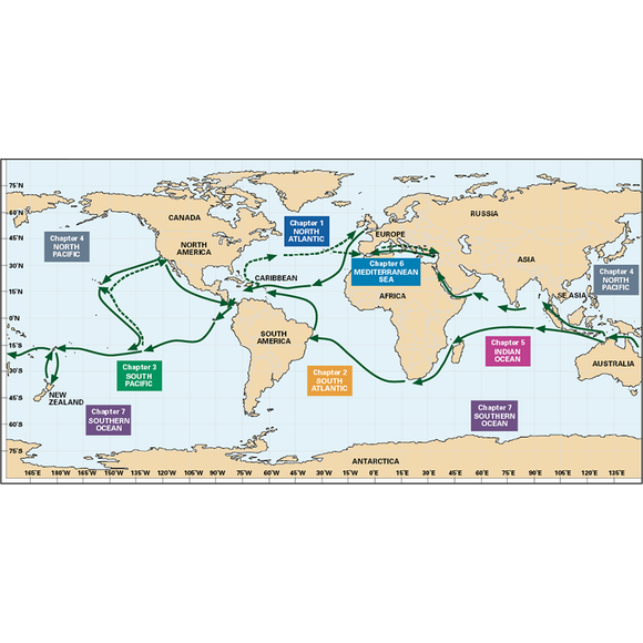 The "Ocean Passages & Landfalls" by Imray features a world map illustrating various sea routes, marked by green arrows. This essential cruising guide is divided into chapters for the North Pacific, South Pacific, North Atlantic, South Atlantic, Indian Ocean, Mediterranean Sea, and Southern Ocean—each section highlighted with distinct colored boxes to assist ocean voyagers in their passage planning.