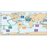 The "Ocean Passages & Landfalls" by Imray features a world map illustrating various sea routes, marked by green arrows. This essential cruising guide is divided into chapters for the North Pacific, South Pacific, North Atlantic, South Atlantic, Indian Ocean, Mediterranean Sea, and Southern Ocean—each section highlighted with distinct colored boxes to assist ocean voyagers in their passage planning.