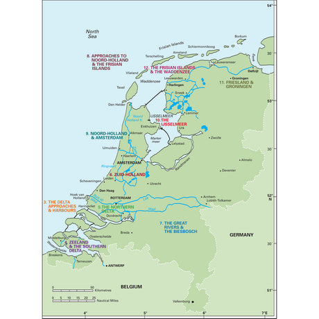 A map of the Netherlands with key waterways highlighted, as detailed in Brian Navin's "Cruising Guide to the Netherlands" by Imray, showcases major regions such as IJsselmeer, Waddenzee, Noord-Holland, and Friese kust. Neighboring countries Belgium and Germany are also marked, with the North Sea bordering the west. Prominent cities like Amsterdam and Rotterdam are labeled for easy reference.