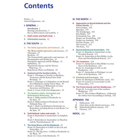 A vibrant table of contents for "Cruising Guide to the Netherlands" by Imray's Brian Navin features chapters and subchapters, including sections such as General, The South, The North, and an Appendix with detailed waterways. Next to each entry, page numbers are provided; some are indented to indicate sub-sections.