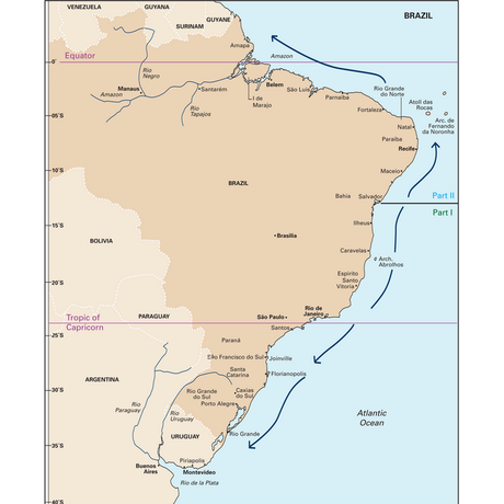 A map of South America, focusing on Brazil and its neighboring countries. Key features highlighted include the Equator, the Tropic of Capricorn, the Amazon River, and various cities and rivers. Arrows point to specific areas labeled I and II along Brazil's coastline, making it perfect for a sailing adventure with the Imray's Brazil Cruising Guide.