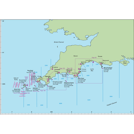 The Imray "West Country" nautical chart provides a comprehensive guide for cruising along the coastline of southwest England, particularly Devon and Dorset. It highlights major landmarks such as the Isles of Scilly, Bristol Channel, Torquay, and the Bill of Portland, and includes detailed depth measurements and navigational markers.