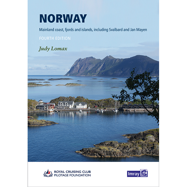 Book cover for "Norway" by Imray, showing a scenic fjord with calm water, islands, mountains, and waterfront buildings. Text describes it as a cruising guide to Norway’s coast, islands, and Lofoten Islands.