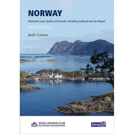 Book cover for "Norway" by Imray, showing a scenic fjord with calm water, islands, mountains, and waterfront buildings. Text describes it as a cruising guide to Norway’s coast, islands, and Lofoten Islands.