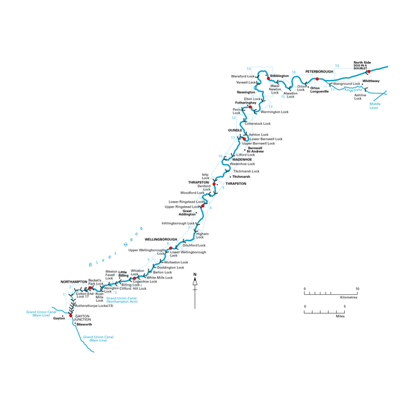 The Imray River Nene map is designed for waterway enthusiasts and details the river's course from Northampton to the Wash. Key locations and locks, including Peterborough and Wellingborough, are marked along with distances in kilometers. The navigation guide features landmarks such as Howden Lock and Dog-in-a-Doublet Lock.