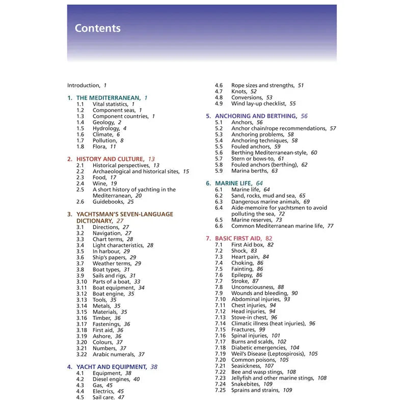 The image shows the table of contents from Imray's "Mediterranean Cruising Handbook," with sections on "The Mediterranean," "History and Culture," "Nautical Navigation," "Anchoring and Berthing," "Marine Life," and "Basic First Aid," complete with page numbers.