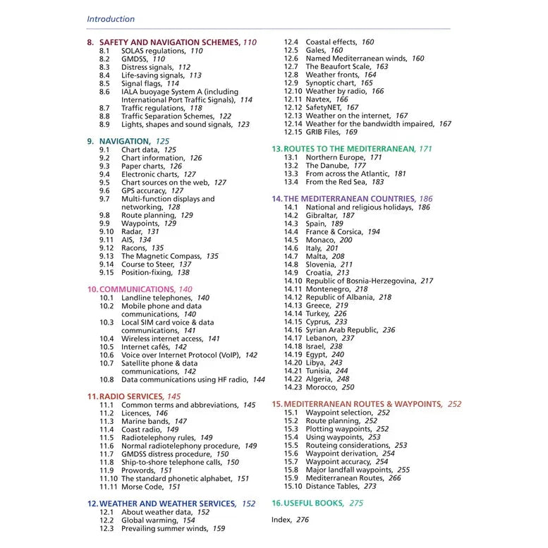 The Mediterranean Cruising Handbook by Imray includes a table of contents with sections on safety, nautical navigation, weather, Mediterranean cruising routes, specific countries, and useful books. Each section is numbered with corresponding page numbers for easy reference.