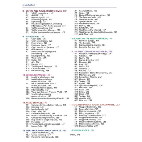 The Mediterranean Cruising Handbook by Imray includes a table of contents with sections on safety, nautical navigation, weather, Mediterranean cruising routes, specific countries, and useful books. Each section is numbered with corresponding page numbers for easy reference.