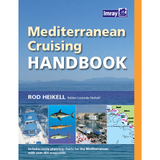 Cover of "Mediterranean Cruising Handbook" by Imray, featuring sea and navigation images, a boat, marine life, a map, and blue-orange design elements.