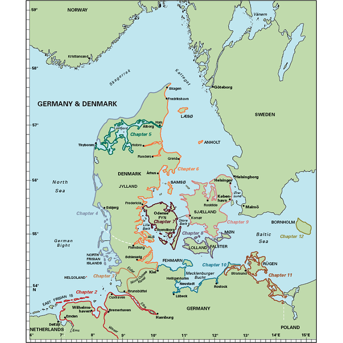 A thorough map titled "Germany & Denmark" by Imray, highlighting historic Viking locations, routes, and chapters. The map uses various red, blue, green, and orange lines to demarcate paths and sites along the German Baltic coast. It labels major cities and geographical features like islands and bodies of water, including the Frisian Islands.