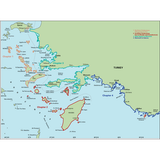 The Imray East Aegean map features regions of Turkey and the East Aegean, including surrounding islands, divided into four color-coded chapters: Northern Dodecanese (red), Southern Dodecanese (orange/red), Eastern Sporades and Ionia (green), and Marmaris to Kas along the Turkish coast (blue).