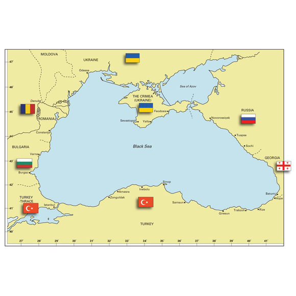 The Imray "Black Sea" map features cruising notes and highlights the bordering countries of Ukraine, Russia, Georgia, Turkey, Bulgaria, and Romania. Each nation is identified with its respective flag. The Crimea is designated as part of Ukraine. The map also shows key cities and provides sailing directions for the region.