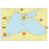 The Imray "Black Sea" map features cruising notes and highlights the bordering countries of Ukraine, Russia, Georgia, Turkey, Bulgaria, and Romania. Each nation is identified with its respective flag. The Crimea is designated as part of Ukraine. The map also shows key cities and provides sailing directions for the region.