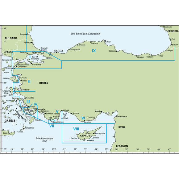 Map featured in **Turkish Waters & Cyprus Pilot** by **Imray**, depicting regions of Greece, Turkey, Bulgaria, Cyprus, and the surrounding Black and Mediterranean Seas. The map includes key labeled regions marked with Roman numerals I to IX along coastlines and islands. Major cities such as Istanbul are noted, making it perfect for planning your next sail from Göçek.
