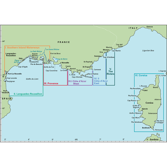 The Mediterranean France & Corsica Pilot by Imray features a detailed map of the southern coast of France, showcasing regions and their divisions: Southern Inland Waterways, Languedoc-Roussillon, Provence, Côte d’Azur West and East, The Riviera including the French Riviera, and Corsica. Coastal towns and cities are clearly marked within each region.