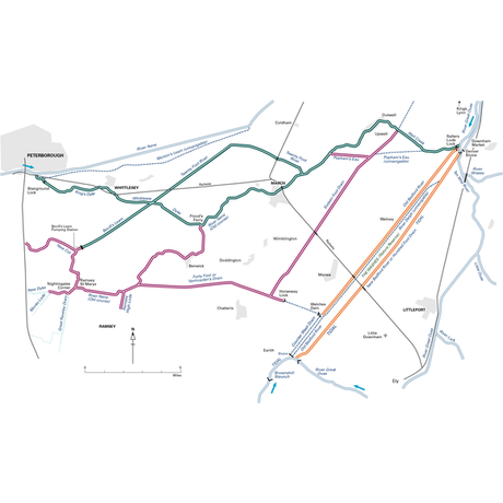 This image depicts a schematic map of railway lines in the eastern part of England. It highlights the connections between cities and towns, with various routes distinguished by different colored lines. Key locations featured include Peterborough, March, Ely, and notable structures such as the Middle Level waterways. The map is part of the "Fenland Waterways" collection from Imray.