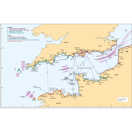 A map of the English Channel, detailing operational zones and routes from World War II, perfect for navigators traversing the channel. Drawing inspiration from Tom Cunliffe's *The Shell Channel Pilot* by Imray, it highlights important locations such as England, France, and various coastal towns. Different colors denote routes and zones for strategic reference.