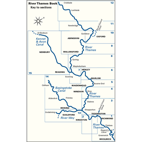 The River Thames map from Imray is divided into 15 sections, showcasing key locations along the non-tidal stretch such as Woolwich (section 1), Kingston (section 7), Oxford (section 10), and Lechlade (section 12). Additionally, the map highlights connecting waterways including the Kennet & Avon Canal and the Basingstoke Canal.