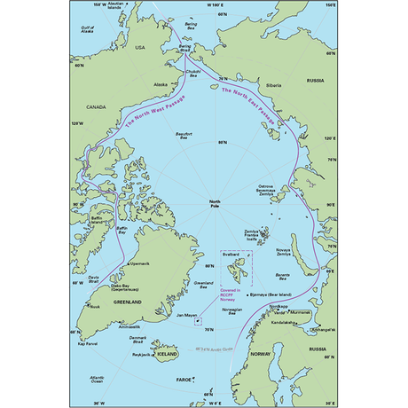 A map depicting the Northern Sea Route and the Northwest Passage is shown in the Imray Arctic and Northern Waters guidebook. This map highlights Arctic regions, including parts of Canada, Greenland, Iceland, Russia, Alaska, and Scandinavia. Both routes are indicated with purple lines through the Arctic Ocean.