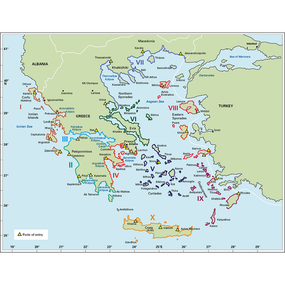 Here's a detailed map of Greece and its surrounding regions, featuring Roman numerals from I to X to denote various territories. Major islands and mainland areas such as Crete, Athens, and Thessaloniki are clearly labeled. Ports of entry are marked with triangle symbols, making it an ideal companion for any Imray Greek Waters Pilot cruising guide.

