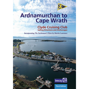 Aerial view of a coastal village with boats, shoreline houses, and a distant bridge. Features "Ardnamurchan to Cape Wrath" by Imray, with West Coast of Scotland cruising guide and Antares large scale charts details.