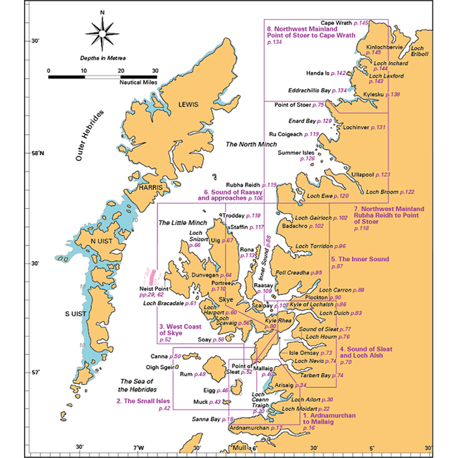 The "Ardnamurchan to Cape Wrath" by Imray is a comprehensive map covering the Outer Hebrides and the northwest coast of mainland Scotland, from Ardnamurchan to Cape Wrath. Ideal for sailing with the Clyde Cruising Club, it features detailed coastlines, islands, and notable locations with coordinates, insets, and labels for bodies of water and points of interest.