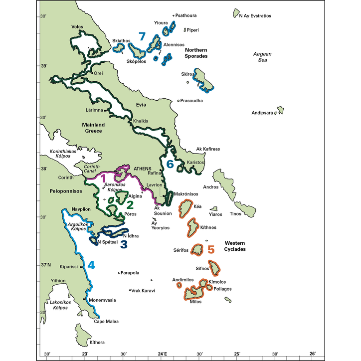 Map of the West Aegean by Imray, detailing regions of the Aegean Sea and Greece, including Mainland Greece, Crete, Peloponnisos, and various island groups numbered from 1 to 7 (Crete - 1, Peloponnisos - 2, Mainland Greece - 3, Ionian Islands - 4, Western Cyclades - 5, Northern Sporades - 6).