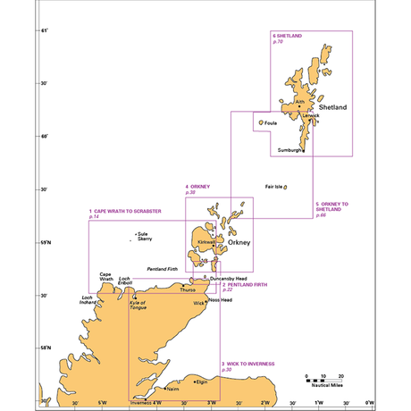 The Imray "Orkney and Shetland Islands" nautical chart serves as a comprehensive guide to parts of northern Scotland, encompassing Cape Wrath to Scrabster, Wick to Inverness, the Pentland Firth, Orkney, and Shetland. This map highlights various locations and distances between regions, along with geographic features and waterways.