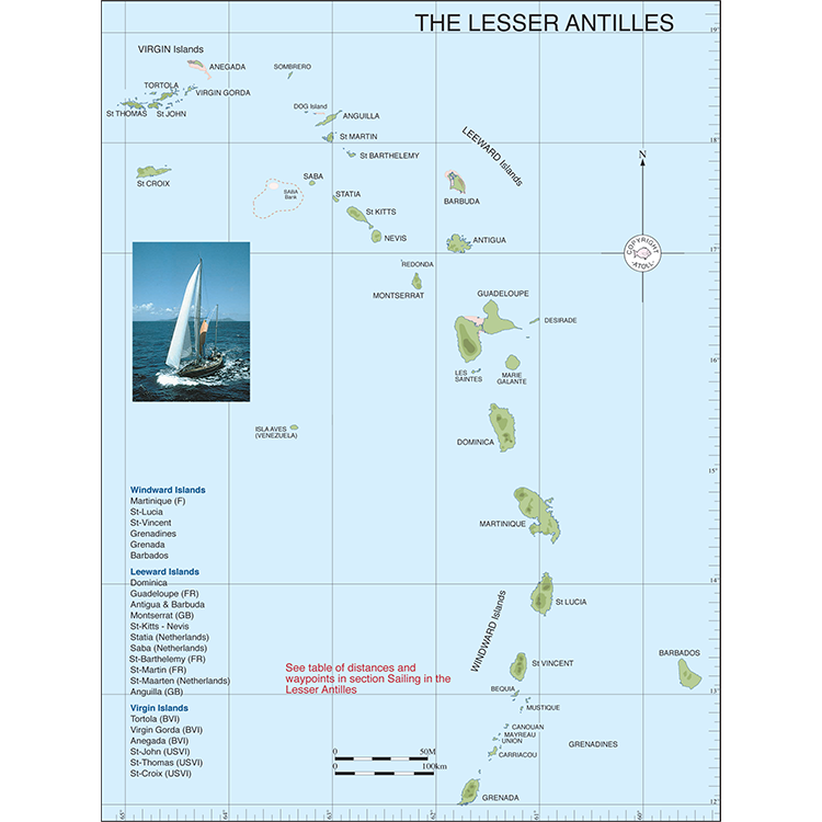 Map of the Lesser Antilles highlighting various islands including the Virgin Islands, Anguilla, Antigua, Guadeloupe, Dominica, Martinique, Saint Lucia, Barbados, and Grenada. A sailboat is pictured to the left. The map includes distances and sailing directions from "Grenada to the Virgin Islands," an essential Caribbean guidebook by Imray.