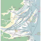 The "Crossing the Thames Estuary" by Imray is a comprehensive maritime navigation chart detailing the Thames Estuary, including numerous channels, sandbanks, and anchorage points. The map features labeled zones, sailing routes, cardinal directions, and icons representing various marine navigational aids such as buoys and wind farms.